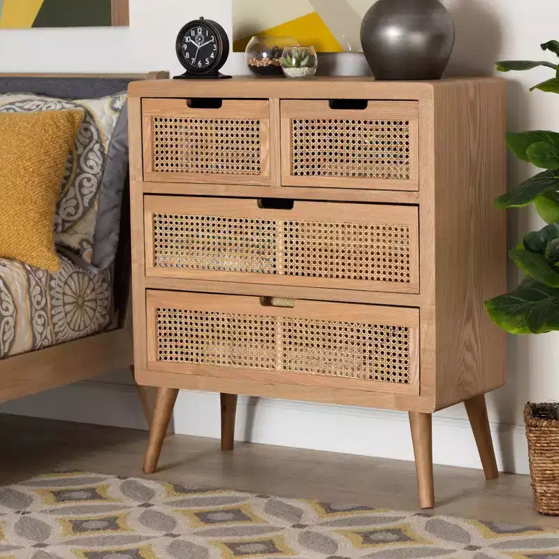 Cassettiera a 4 cassetti in rovere – Legno e rattan, montaggio a 1 persona