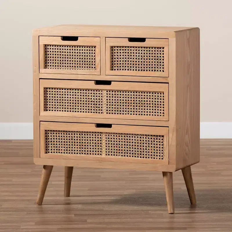 Cassettiera a 4 cassetti in rovere – Legno e rattan, montaggio a 1 persona
