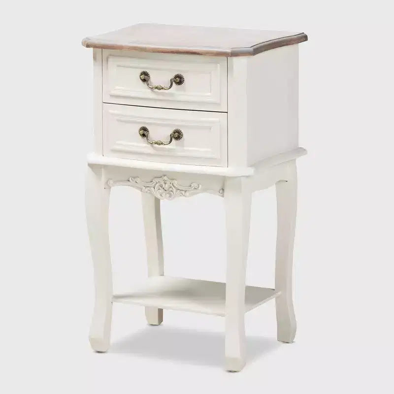Amalie 2 Drawer Wood Nightstand White/Oak - Baxton Studio: French Provincial Style, Brass Handles, Open Shelf
