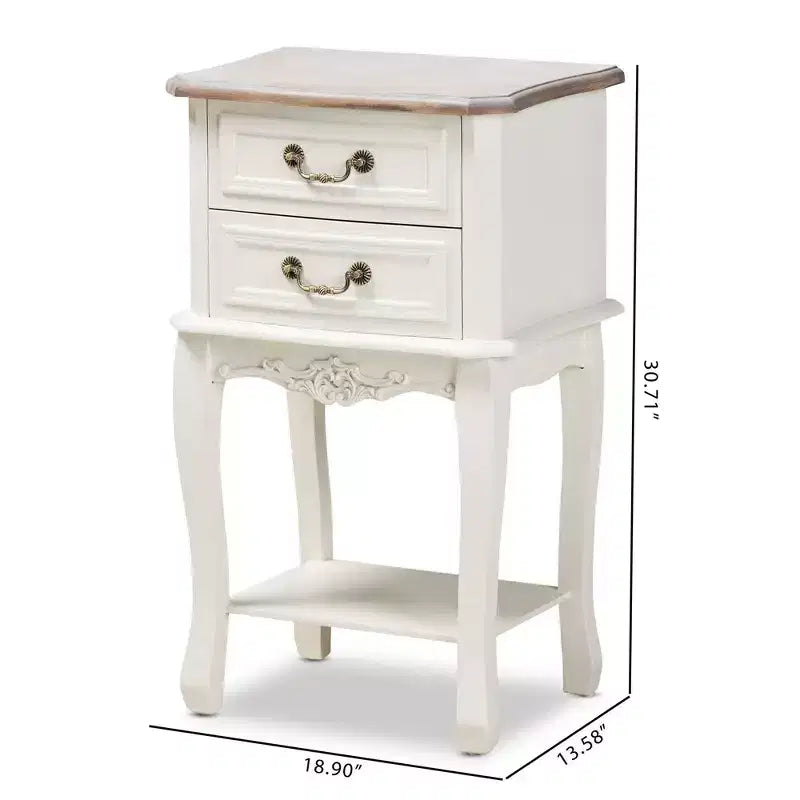 Comodino a 2 cassetti bianco e rovere, stile provenzale con ripiano aperto