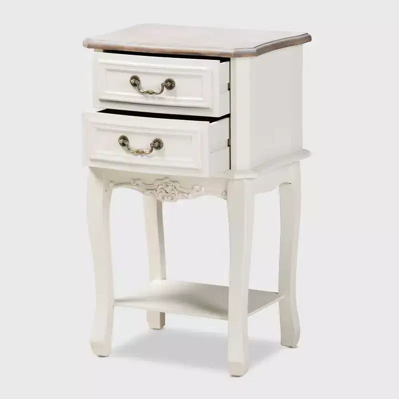 Comodino a 2 cassetti bianco e rovere, stile provenzale con ripiano aperto