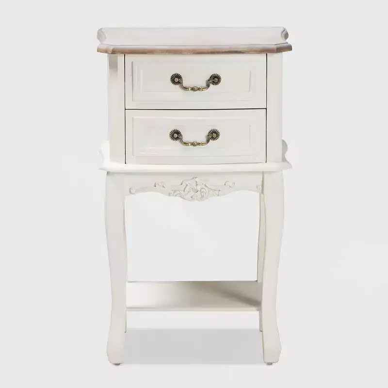 Comodino a 2 cassetti bianco e rovere, stile provenzale con ripiano aperto