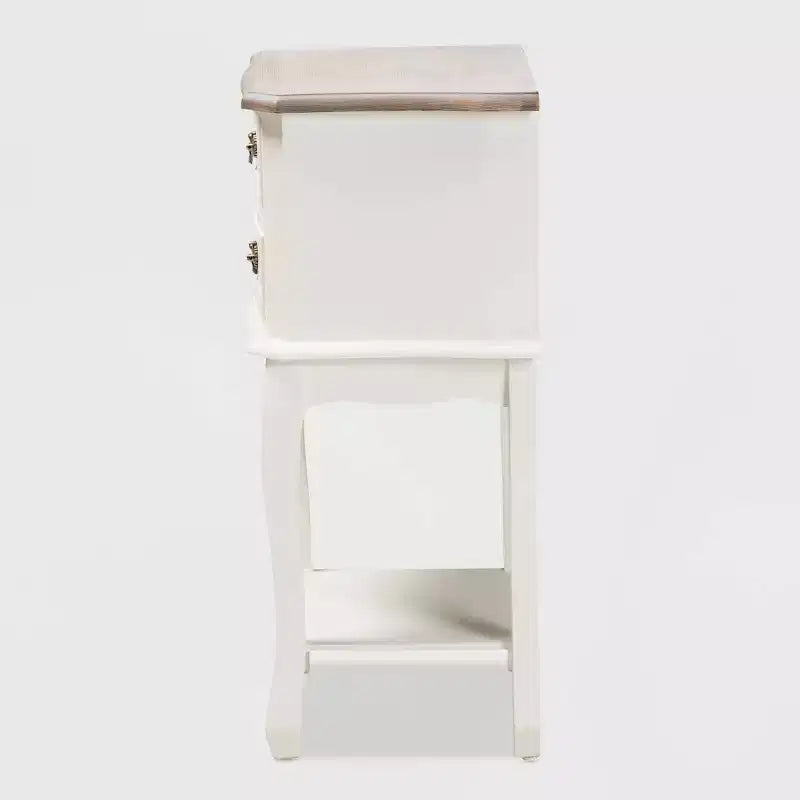 Comodino a 2 cassetti bianco e rovere, stile provenzale con ripiano aperto