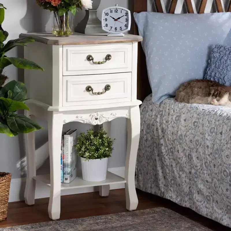 Comodino a 2 cassetti bianco e rovere, stile provenzale con ripiano aperto
