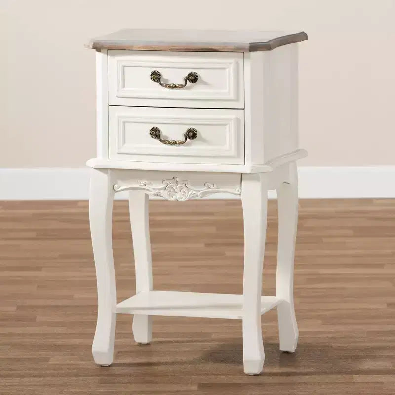 Comodino a 2 cassetti bianco e rovere, stile provenzale con ripiano aperto