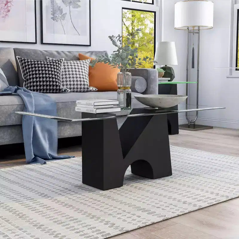 Tavolino Rettangolare Moderno in Acciaio Nero e Vetro Trasparente