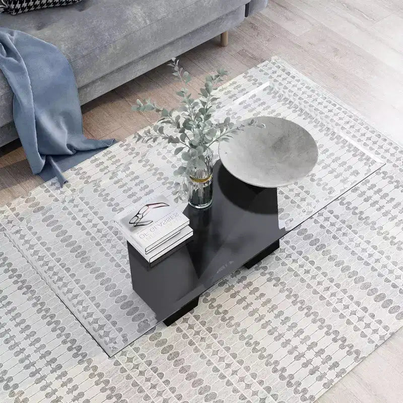 Tavolino Rettangolare Moderno in Acciaio Nero e Vetro Trasparente