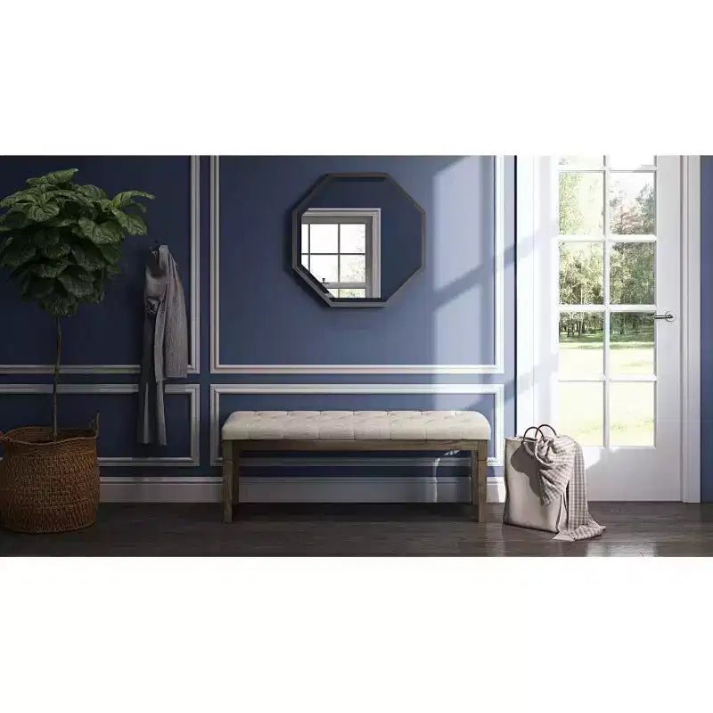 Panca pouf trapuntata da 48" – Naturale / Grigio / Marrone, Lino e Similpelle, 1 Posto