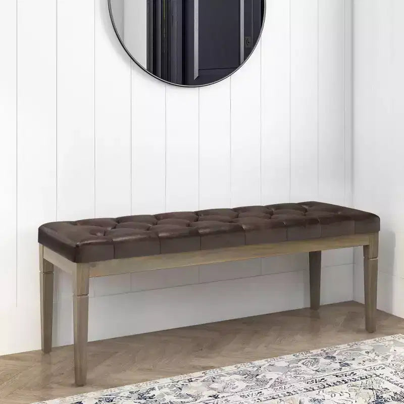 Panca pouf trapuntata da 48" – Naturale / Grigio / Marrone, Lino e Similpelle, 1 Posto