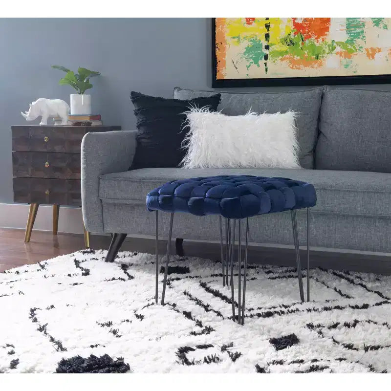 Poggiapiedi/sgabello pouf quadrato grigio/blu navy/marrone chiaro, seduta singola